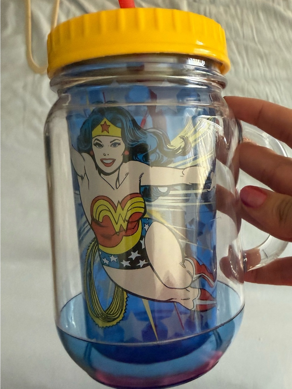 Vintage Wonder Woman Yellow Lid Mason Jar Tumbler